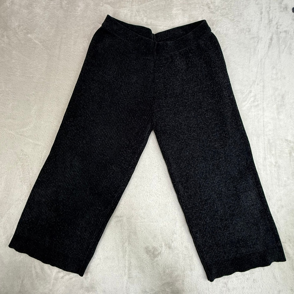 Lulus Chenille Knit Pants Women XL Black Wide Leg High Rise Ribbed Loungewear
